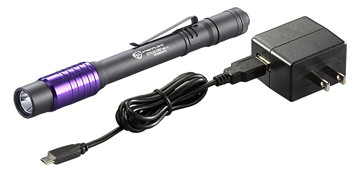 Streamlight's rechargeable Stylus Pro USB UV is a sleek, compact penlight that provides ultraviolet (UV) light for detecting engine or HVAC leaks